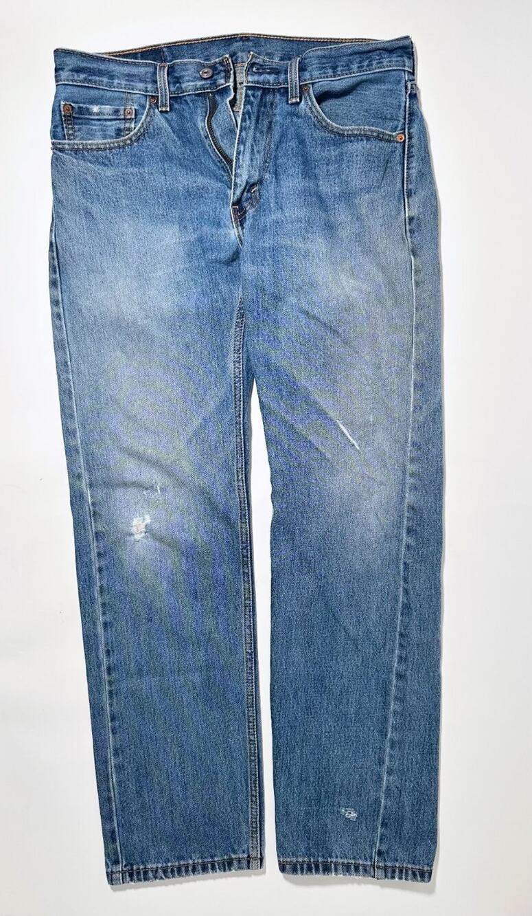 Levis 505 Mens 32x32 Medium Wash Distressed Straight Leg Denim Jeans Red Tab